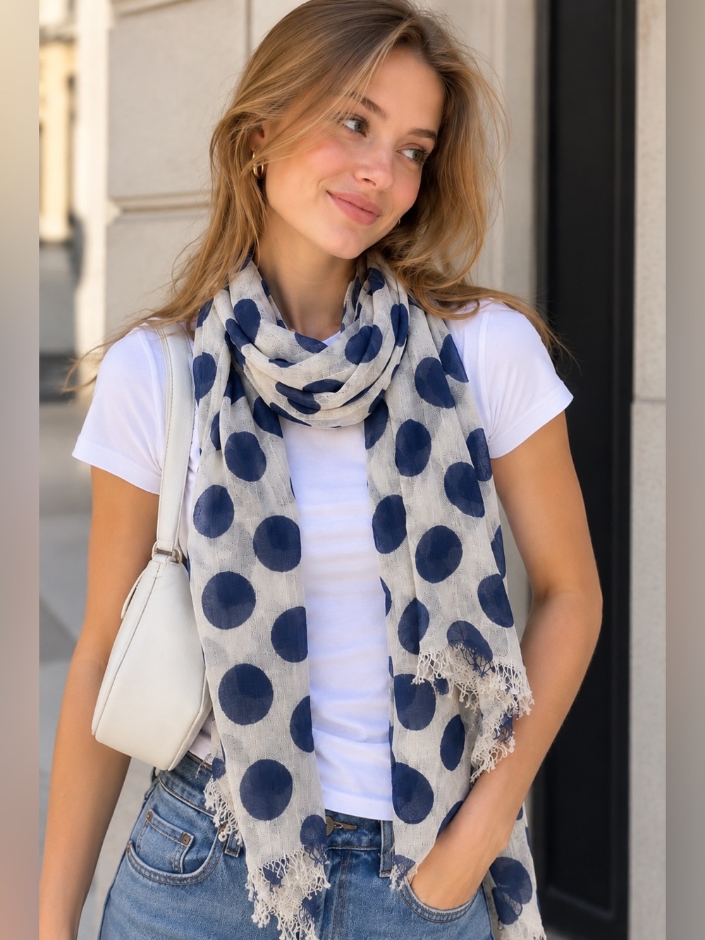 Massimo Dutti Style Navy Blue Polka Dot Lightweight Scarf